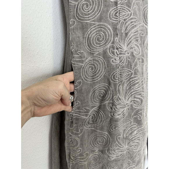 Lina Tomei 100% linen embroidered dress Large Gray Italy Cowl Neck Beach Pockets - Picture 8 of 11